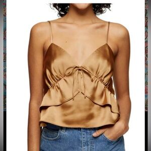 Topshop Strappy Ruffle Camisole GOLD satin SIZE 10 cropped